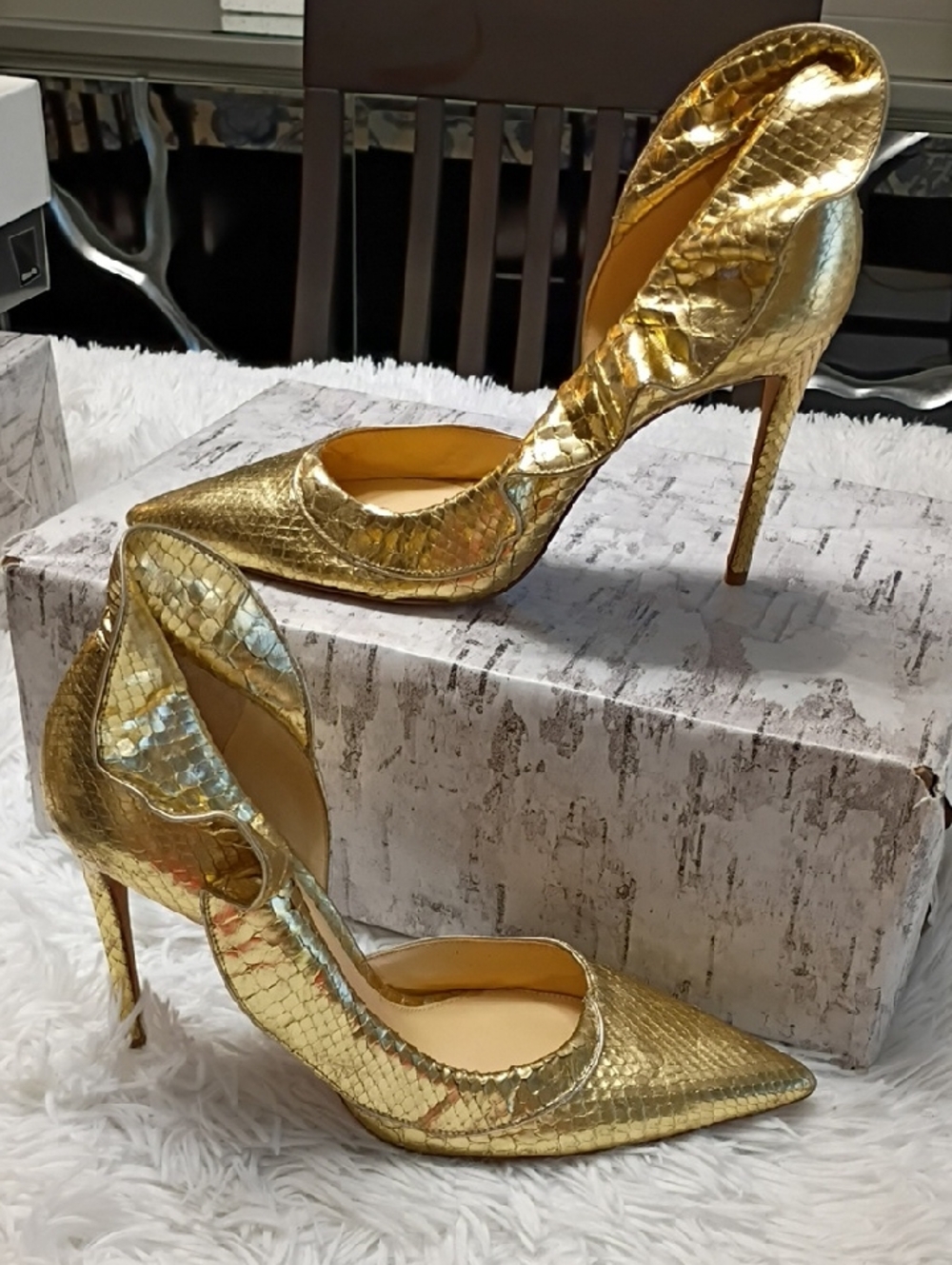 Alexandre Birman Iris Gold Metallic Snakeskin Pointed-Toe Stiletto Heels EU 39.5